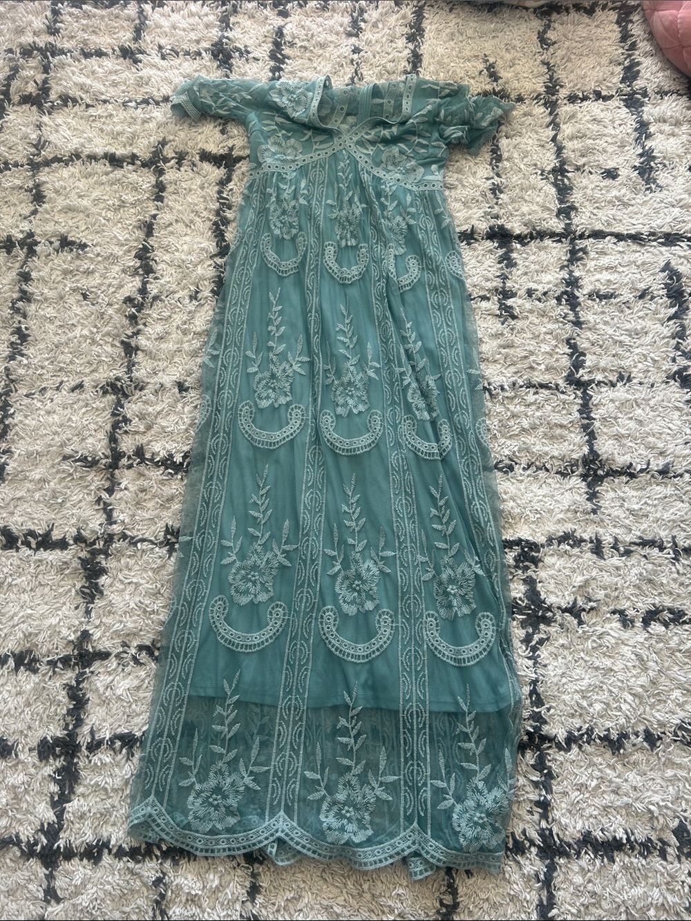 Pinkblush Teal Green Embroidered Mesh Maxi Dress